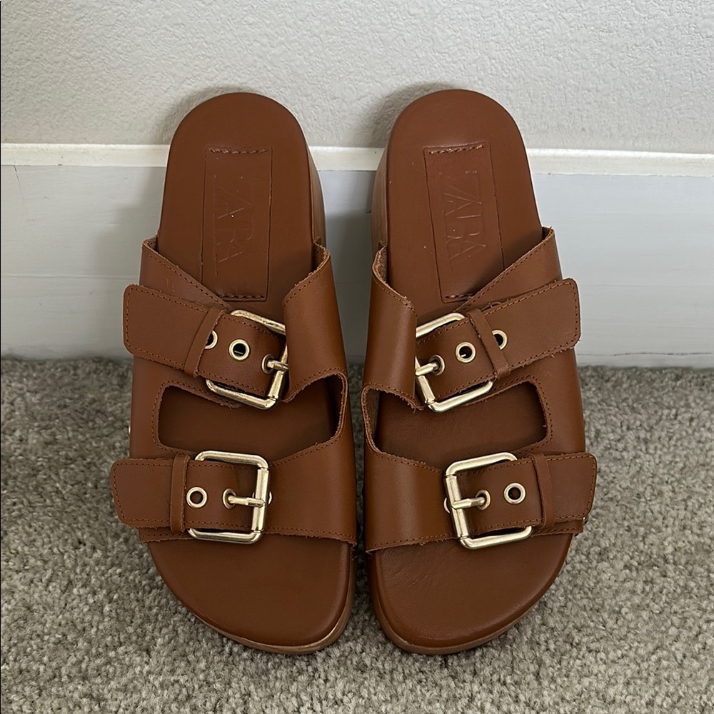 Zara Brown Slide Sandals with Gold Buckles